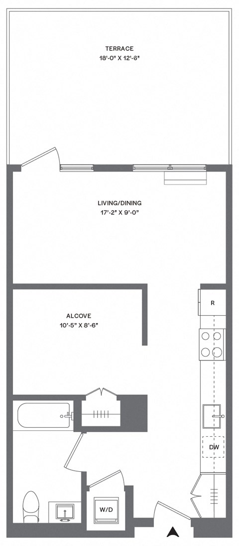 Floor plan for studio, 1 bath, 531 sqft